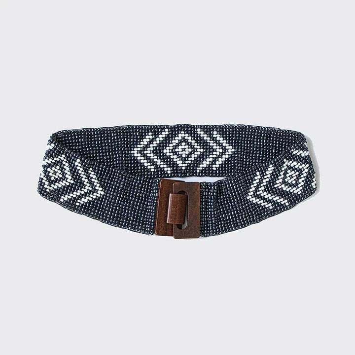 Women′s Handmade Beaded Bohemian Geometric Colorful Elastic Wood Buckle Ethnic Waistband Fashion Belt Custom Waistband