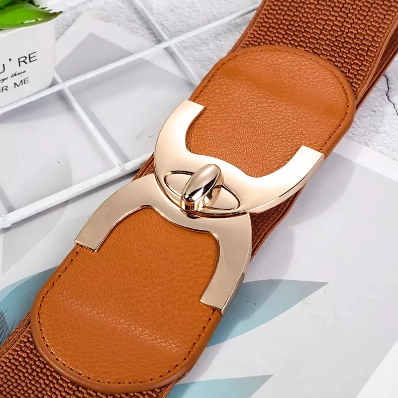 Women Waistband Elastic Ladies Fashion Double Buckle Elastic Dress Wide Belt